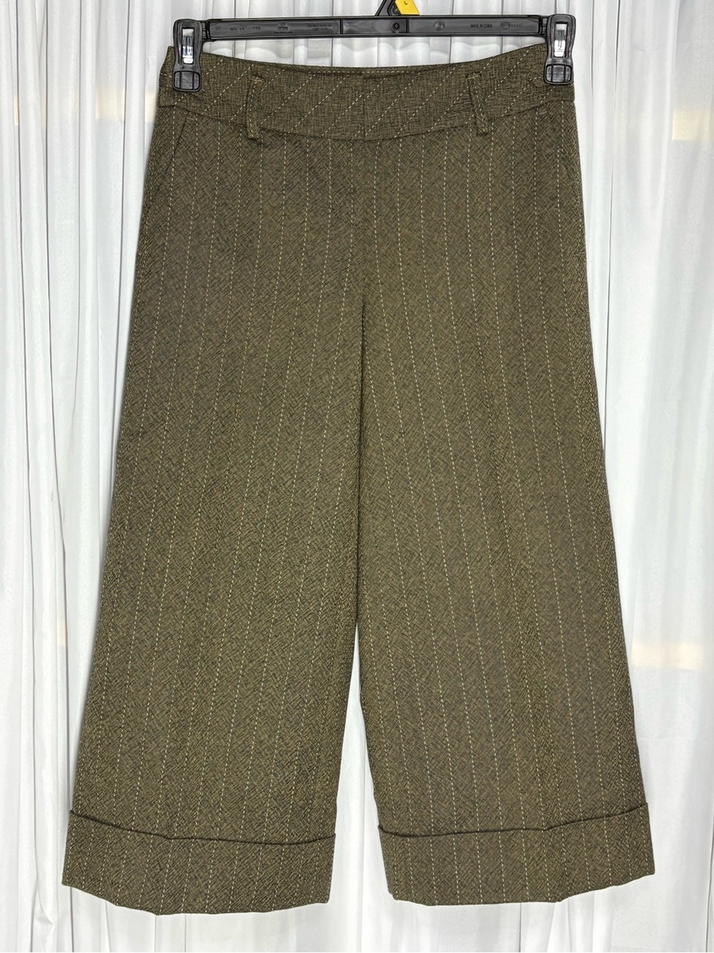 LOFT Olive Wool Pinstripe Wide Leg Cropped Trousers 0 Petite